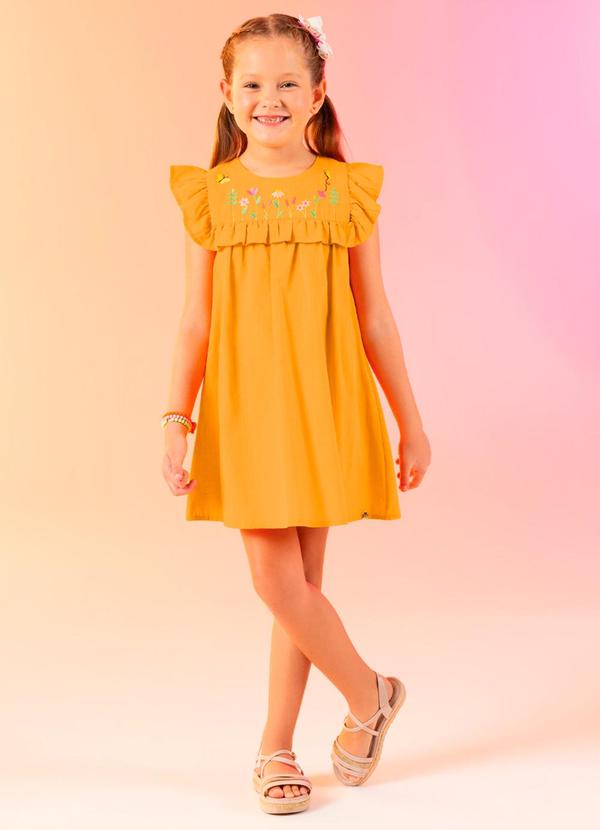 Cativa Kids - Vestido Bordado de Flores Laranja