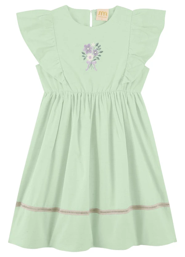 Milli e Nina - Vestido Bordado em Tecido com Linho Verde