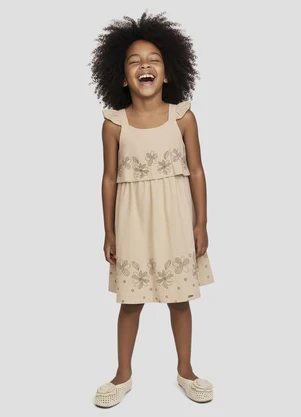 Kely Kety - Vestido Cambuci com Babado e em Relevo Bege - KELY KETY
