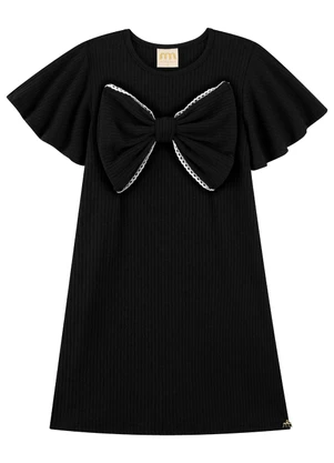 Milli e Nina - Vestido Canelado Infantil Menina com Laço Preto - MILLI E NINA