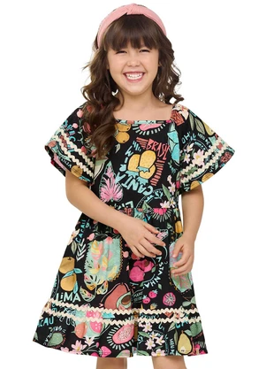 Elian - Vestido Cantarim Infantil Menina Tropical Preto - ELIAN