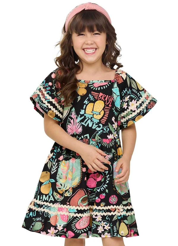 Elian - Vestido Cantarim Infantil Menina Tropical Preto