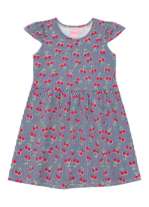 Duduka - Vestido Cereja Listrado com Manga Copinho Azul  - DUDUKA