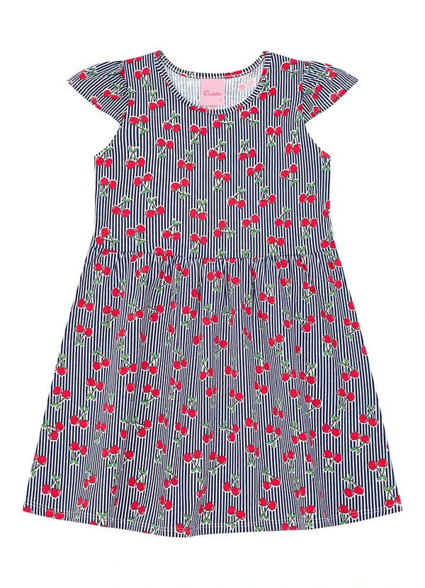 Duduka - Vestido Cereja Listrado com Manga Copinho Azul