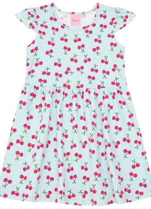 Duduka - Vestido Cereja Listrado com Manga Copinho Rosa - DUDUKA