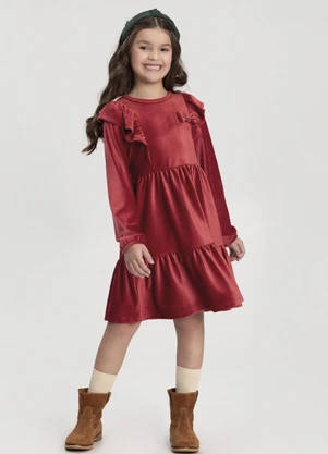 Alakazoo - Vestido  com Babados em Tecido Veludo Vermelho - ALAKAZOO