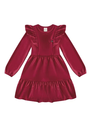 Alakazoo - Vestido  com Babados em Tecido Veludo Vermelho - ALAKAZOO
