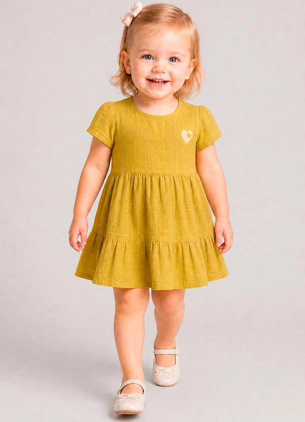 Marlan - Vestido com Bordado e Saia em Camadas Amarelo