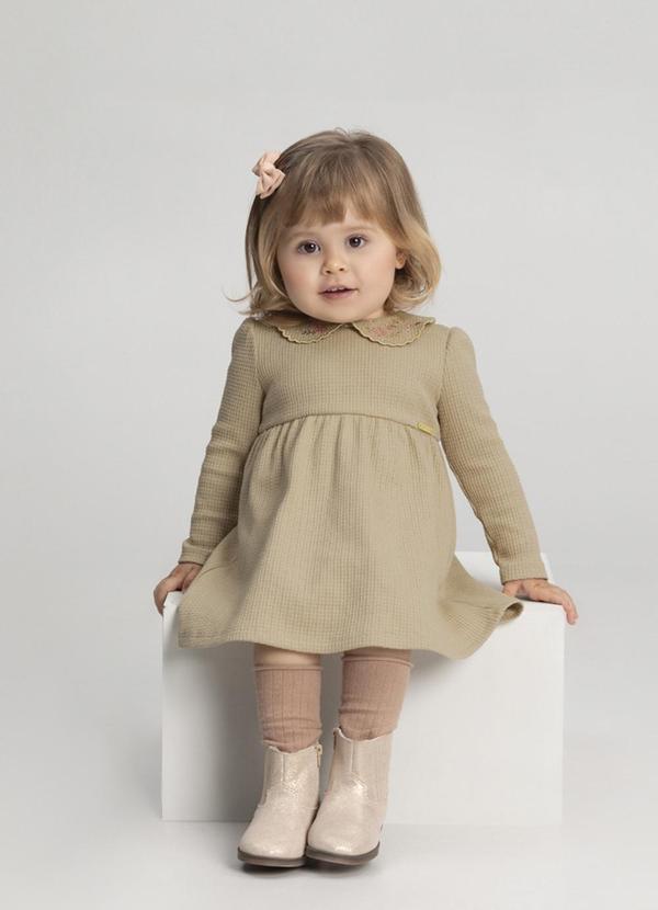 Alakazoo - Vestido com Bordado em Malha Texturizada Bege