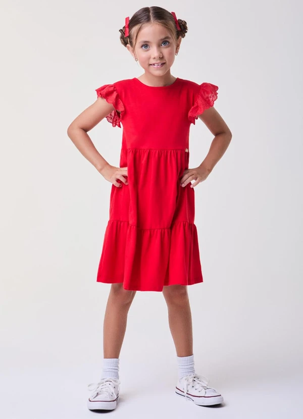 Bimbi - Vestido com Bordado Inglês nas Mangas Vermelho