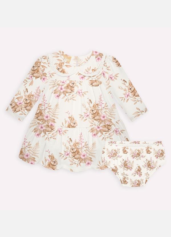 Milon - Vestido com Calcinha Bebê Coelhinhos Off White