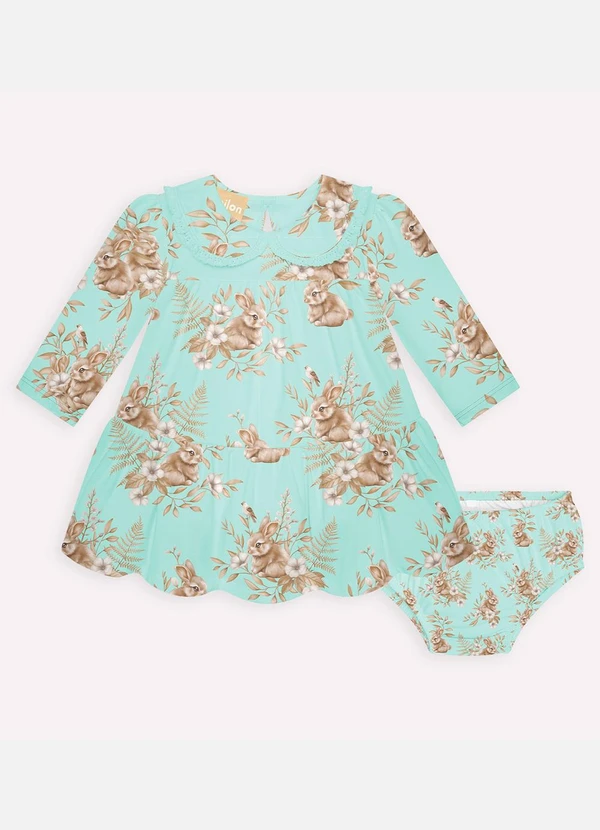 Milon - Vestido com Calcinha Bebê Coelhinhos Verde 2