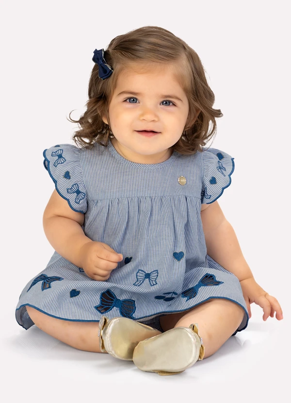 Milon - Vestido com Calcinha Bebê Menina Bordado Azul