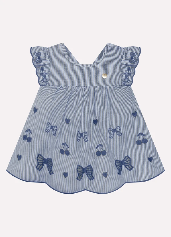 Milon - Vestido com Calcinha Bebê Menina Bordado Azul 3