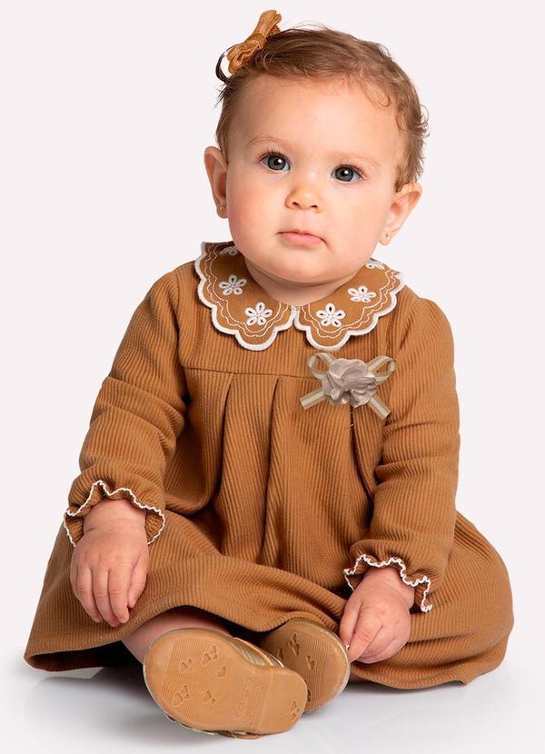 Milon - Vestido com Calcinha Bebê Menina Bordado Marrom