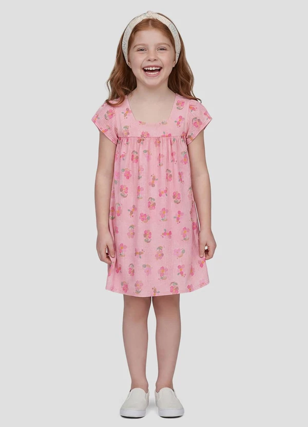 Kely Kety - Vestido com Elastano e Estampa Digital Rosa