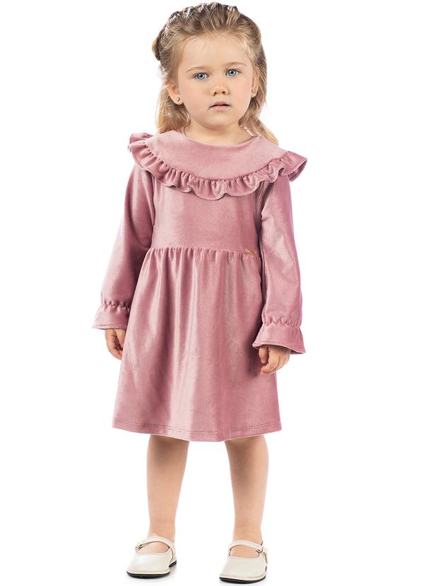 Amada - Vestido com Gola Babados em Tecido Veludo Rosa
