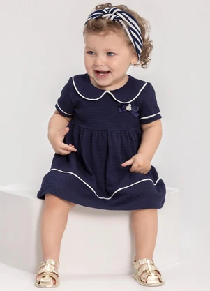 Alakazoo - Vestido com Gola Boneca e Laço Decorativo Azul - ALAKAZOO