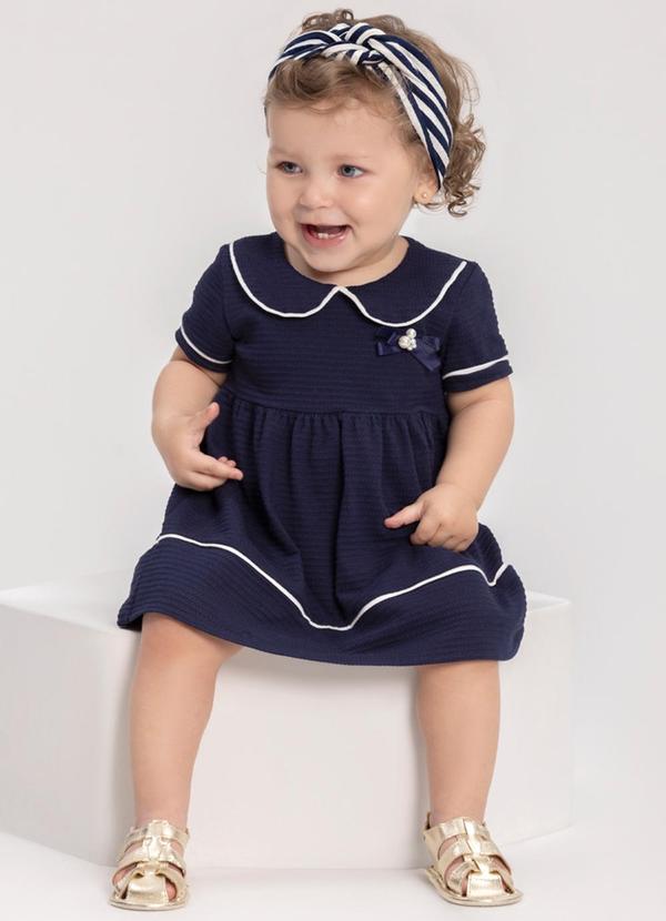 Alakazoo - Vestido com Gola Boneca e Laço Decorativo Azul