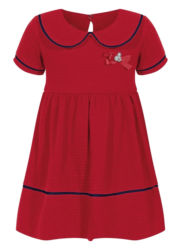 Alakazoo - Vestido com Gola Boneca e Laço Vermelho