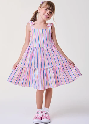 Bimbi - Vestido com Listras Coloridas Rosa - BIMBI