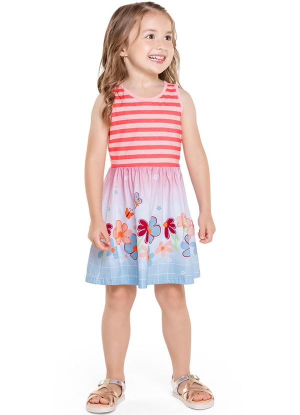 Alenice - Vestido com Listras e Estampas de Flores Rosa