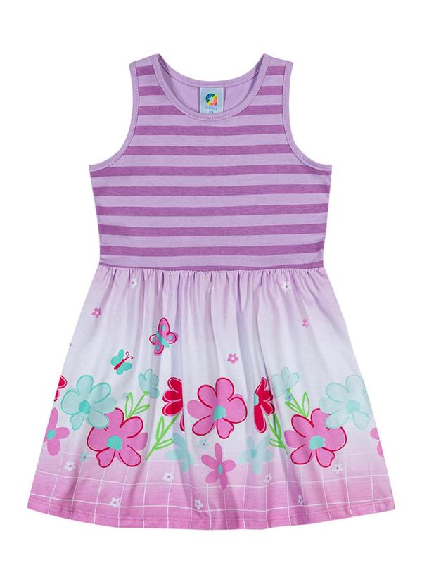 Alenice - Vestido com Listras e Estampas de Flores Roxo