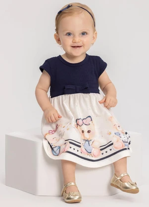 Alakazoo - Vestido com Mangas Curtas e Laço Decorativo Azul - ALAKAZOO