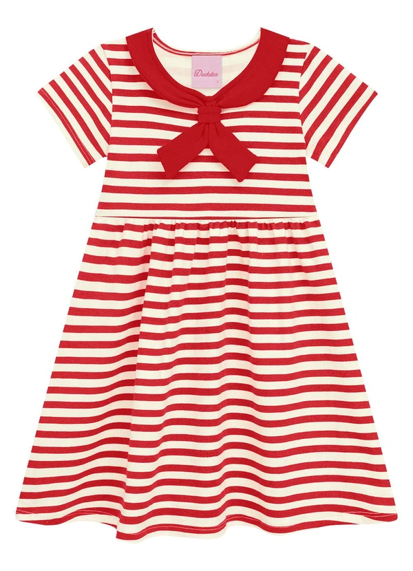 Duduka - Vestido com Pala Estampa Listras Vermelho