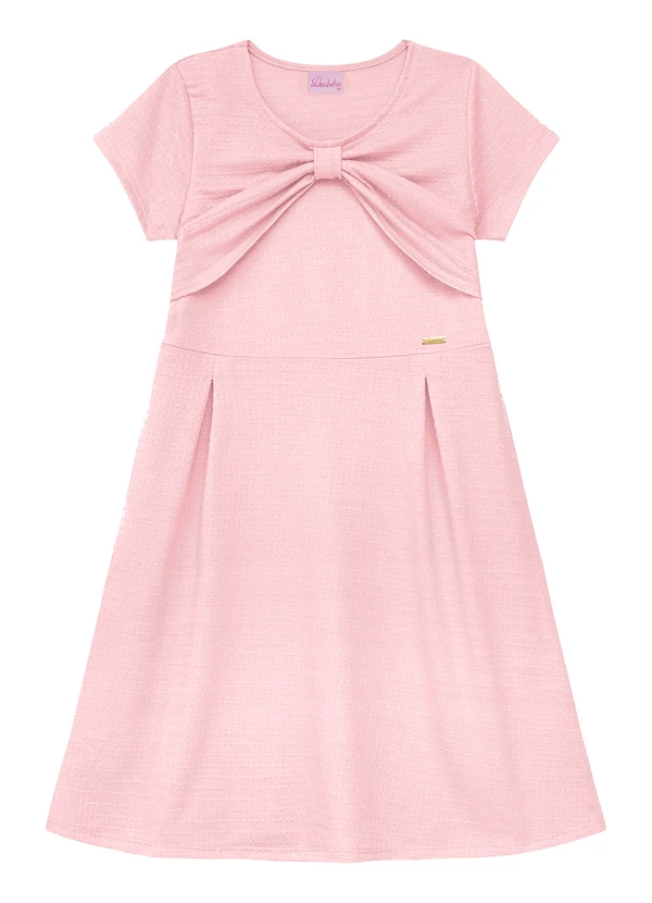Duduka - Vestido com Pregas, Laço e Plaquinha Rosa