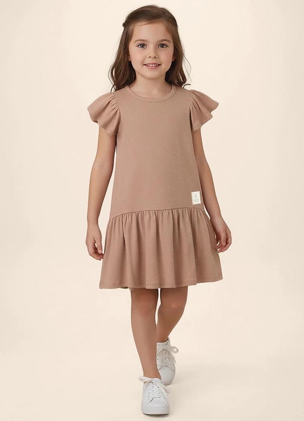 Malwee Kids - Vestido Curto Amplo Canelado Linho Marrom Claro