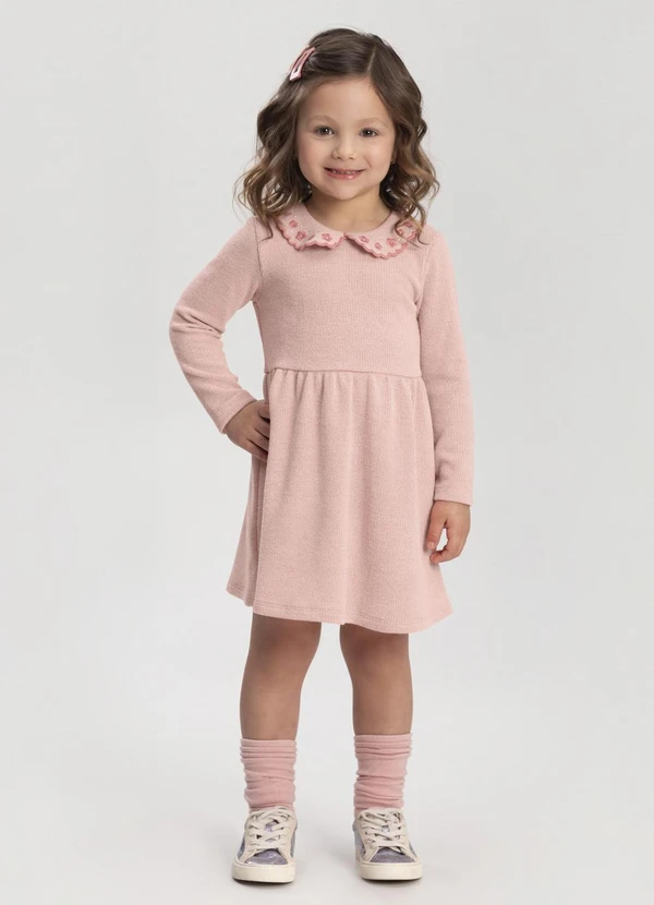 Alakazoo - Vestido Curto com Gola Bordada Rosa