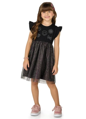 Marlan - Vestido Curto com Tule e Strass Preto - MARLAN
