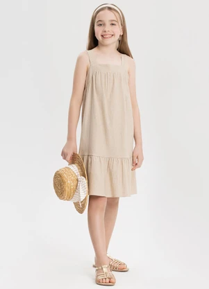 Alakazoo - Vestido Curto de Alças em Tecido com Linho Bege - ALAKAZOO