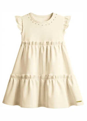 Carinhoso - Vestido Curto em Babados com Pérolas Areia - CARINHOSO