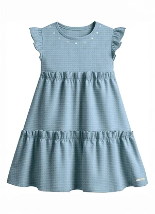 Carinhoso - Vestido Curto em Babados com Pérolas Azul Pastel - CARINHOSO