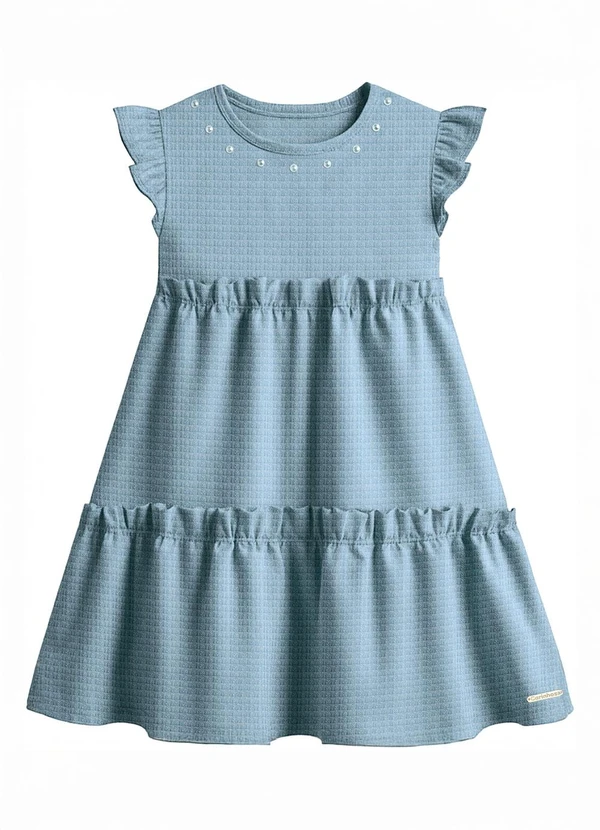 Carinhoso - Vestido Curto em Babados com Pérolas Azul Pastel 1