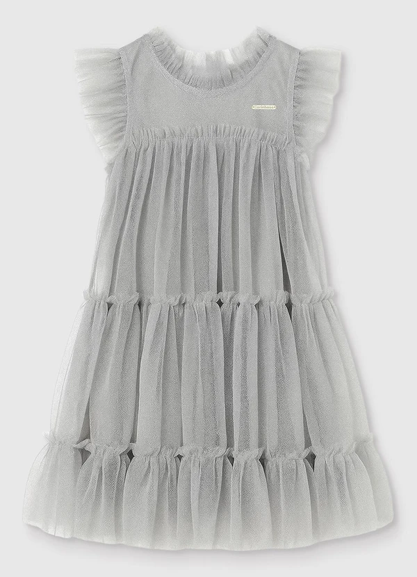 Carinhoso - Vestido Curto em Camadas de Tule Cinza