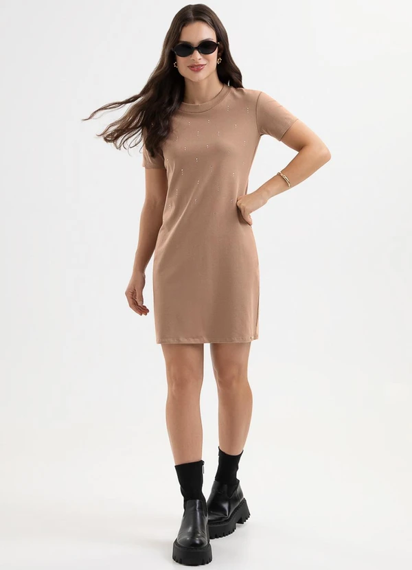 Cativa You - Vestido Curto em Cotton com Aplicação Marrom