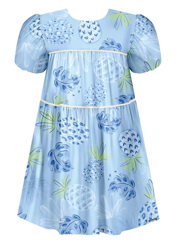 Alakazoo - Vestido Curto Estampado com Manga Balonê Azul