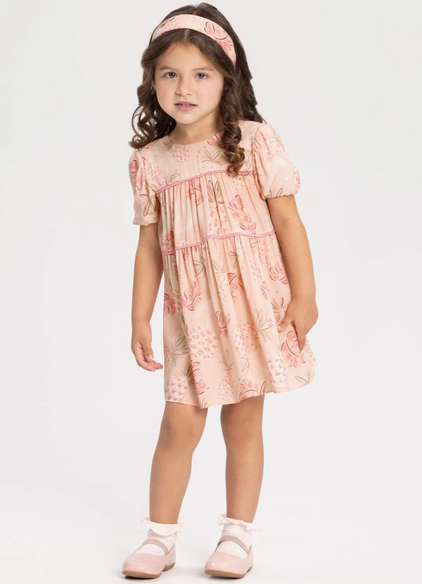 Alakazoo - Vestido Curto Estampado com Manga Balonê Rosa