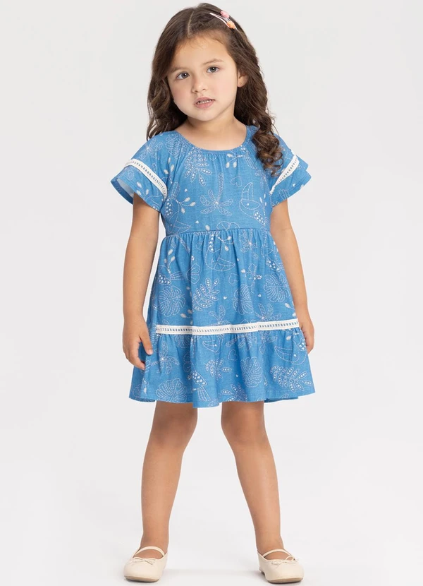 Alakazoo - Vestido Curto Estampado com Mangas Curtas Azul