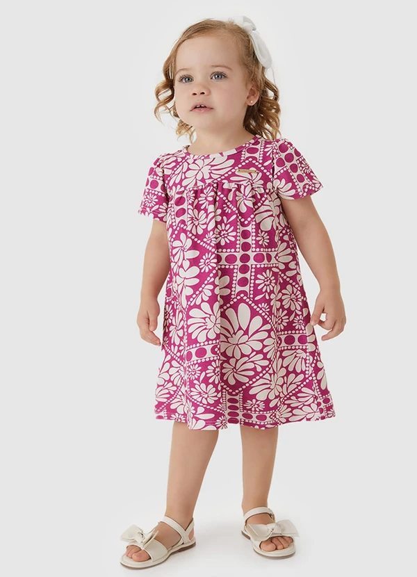 Carinhoso - Vestido Curto Floral Amplo Rosa Escuro