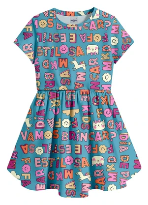 Malwee Kids - Vestido Curto Godê Letras Azul - MALWEE KIDS