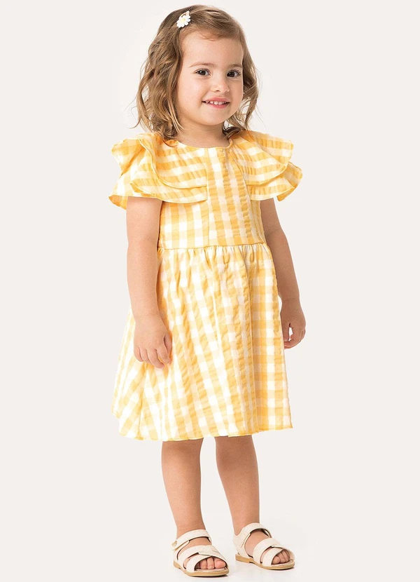Carinhoso - Vestido Curto Godê Vichy Amarelo Claro