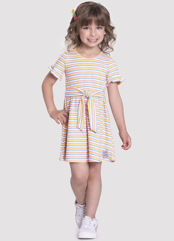 Alakazoo - Vestido Curto Infantil Canelado Listrado com Faixa Branco