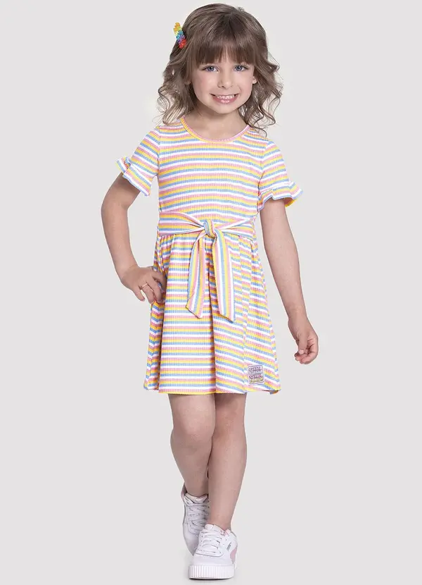Alakazoo Vestido Curto Infantil Canelado Listrado com Faixa Branco