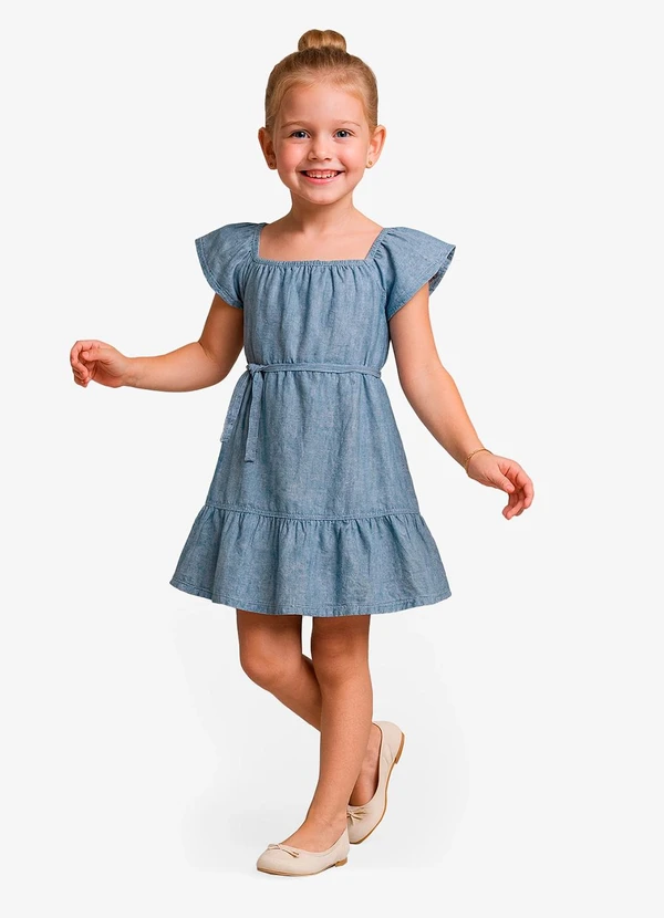Select - Vestido Curto Infantil com Cinto de Algodão Azul