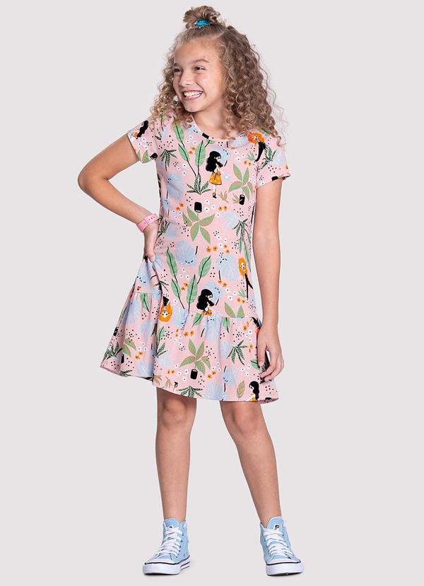 Alakazoo - Vestido Curto Infantil Menina Estampado com Babado Rosa