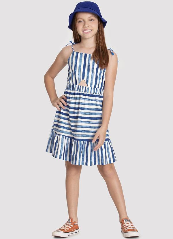 Alakazoo - Vestido Curto Menina Listrado com Cut Azul